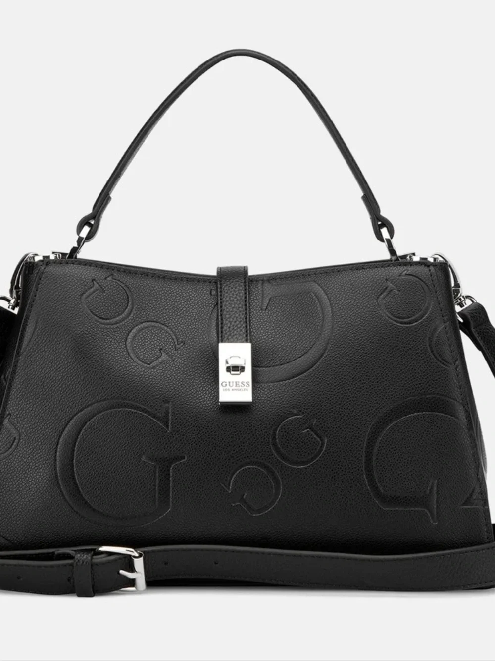 GUESS Black Embossed G Logo Satchel with Silver Hardware